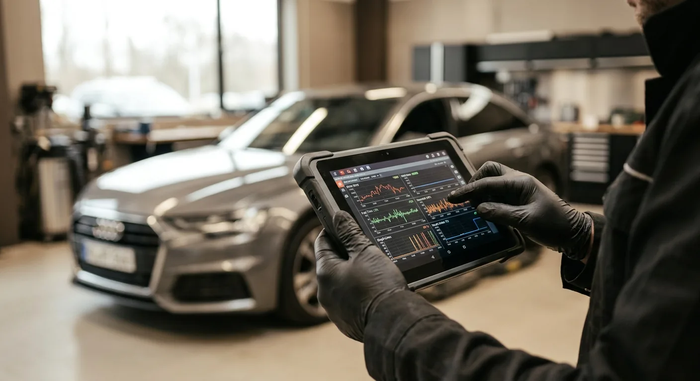 Technician using a diagnostic tablet at V-Elite Drives Tirupur